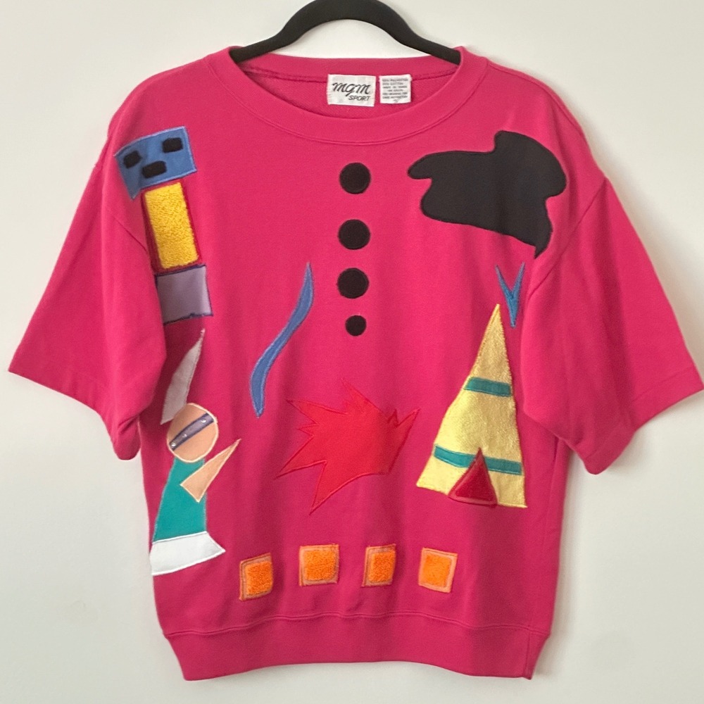 VTG Pop Art Womens Top S Pink Abstract Applique Sweatshirt Kitschy Funky Kidcore